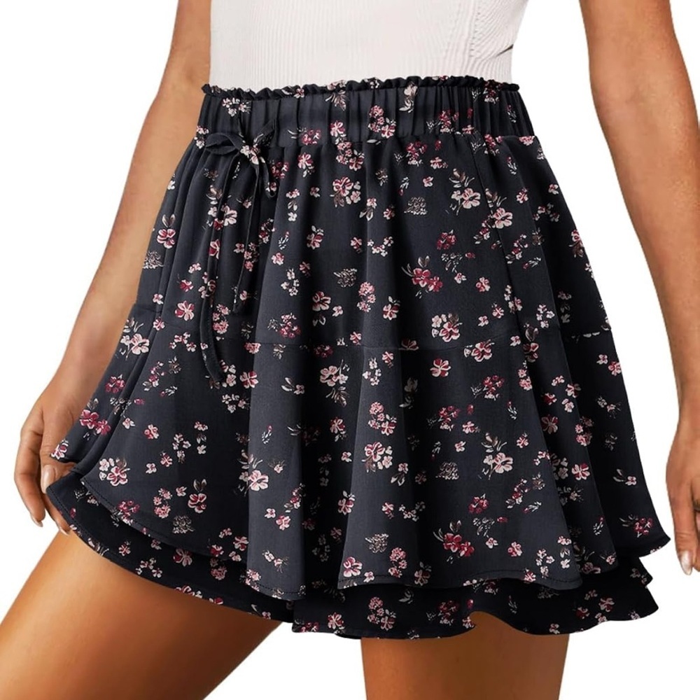 Y2K High Rise Floral Skorts Flowy Ruffle Tiered Shorts Teen‎ L US Size 12 14 New